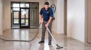 Lenzi Cleaning employee vacuuming a commercial building floor