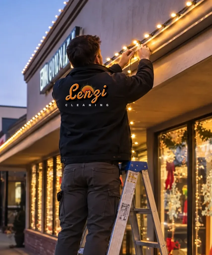 technician on a ladder installing warm white Christmas lights along the roofline of a downtown retail storefront