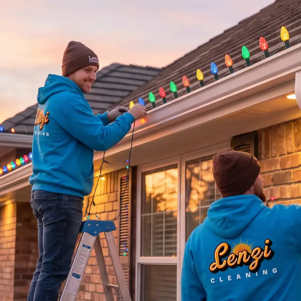 Two Lenzi Cleaning technicians installing multicolor C9 Christmas lights along the gutters and downspout of a brick home at sunset
