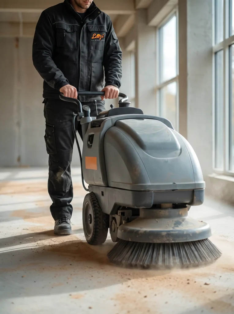 Lenzi Cleaning crew member using a walk-behind floor sweeper to clear construction dust from a concrete floor