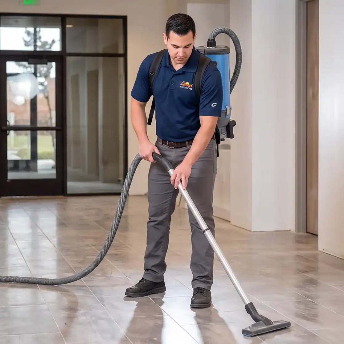 Lenzi Cleaning employee vacuuming a commercial building floor