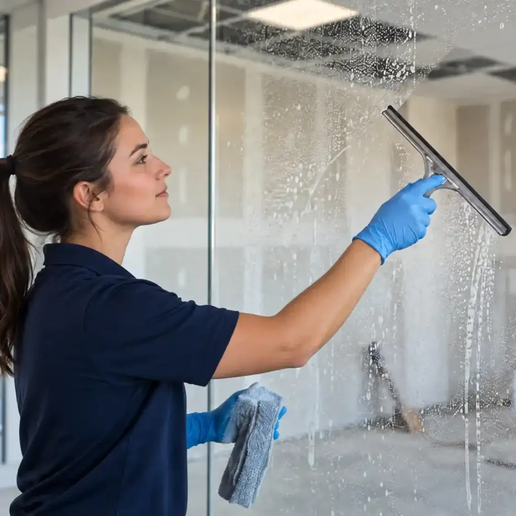 Worker cleaning windows in a new construction